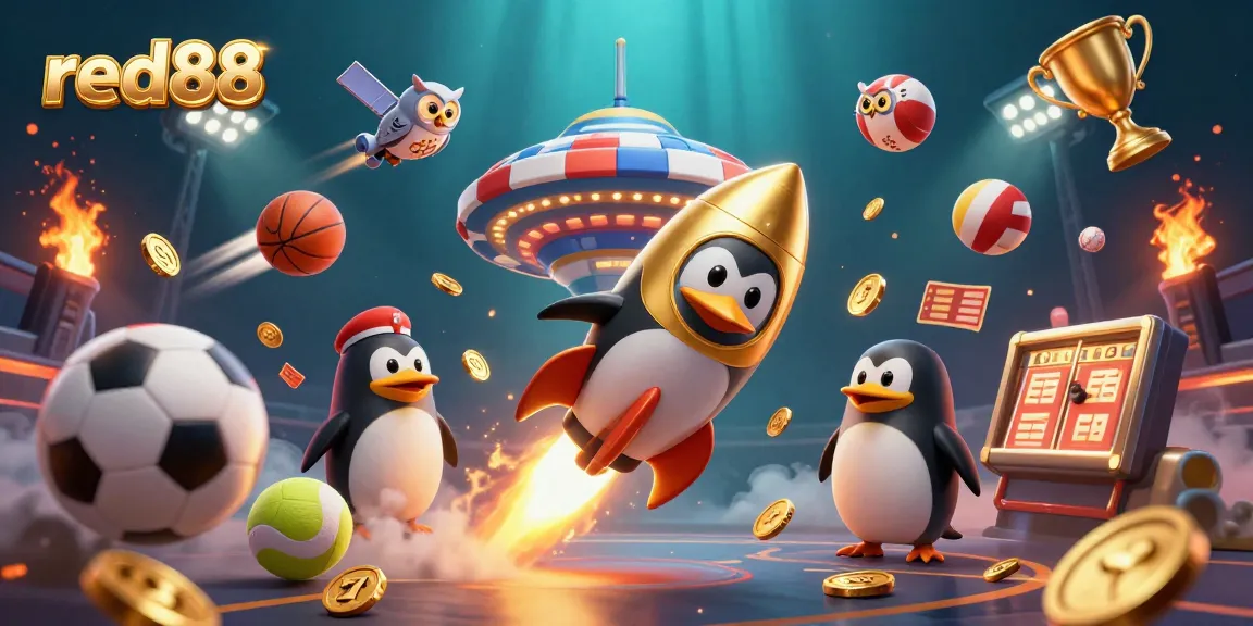 Bet on red88 and join a dynamic scene with a rocket penguin and casino elements.