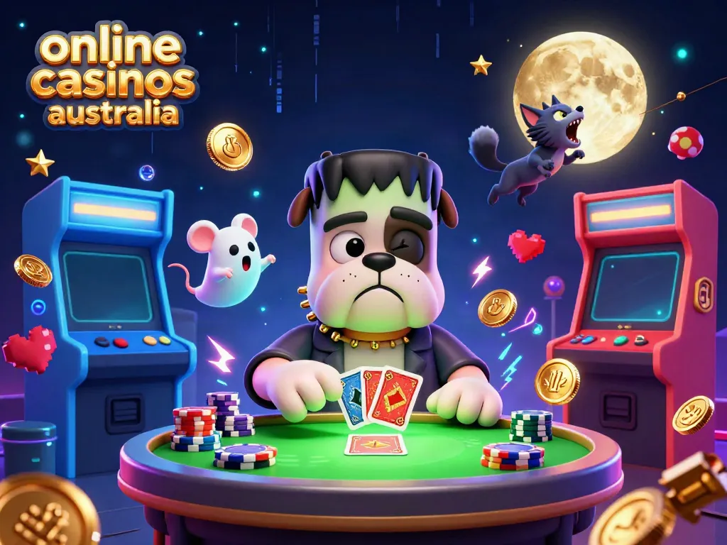 Engaging 3D illustration of online casinos Australia featuring a Frankenstein bulldog dealer and spooky casino elements.