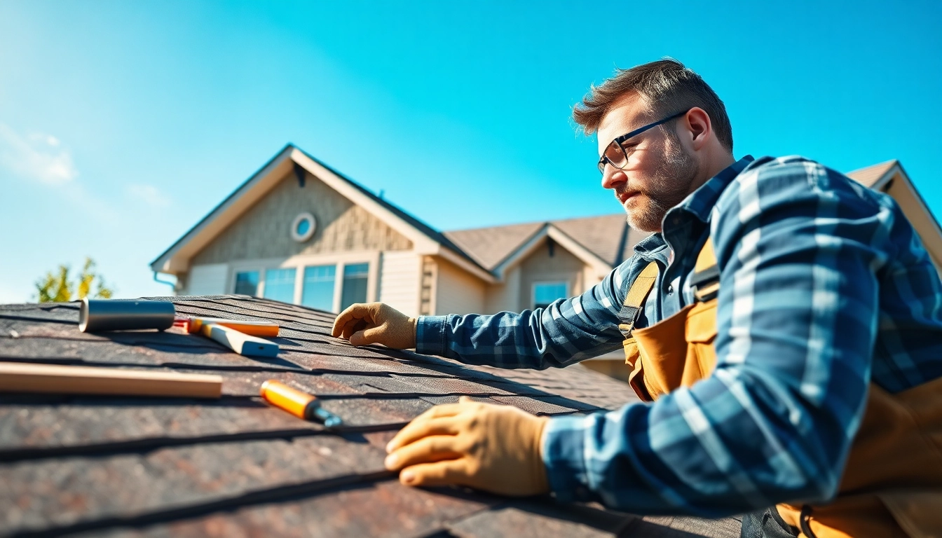 Roofing contractor inspecting a home's roof, showcasing expertise and professionalism.