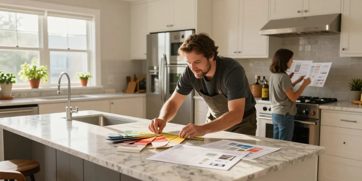 Oakville Kitchen renovation showcasing a contractor measuring new cabinetry in a bright kitchen