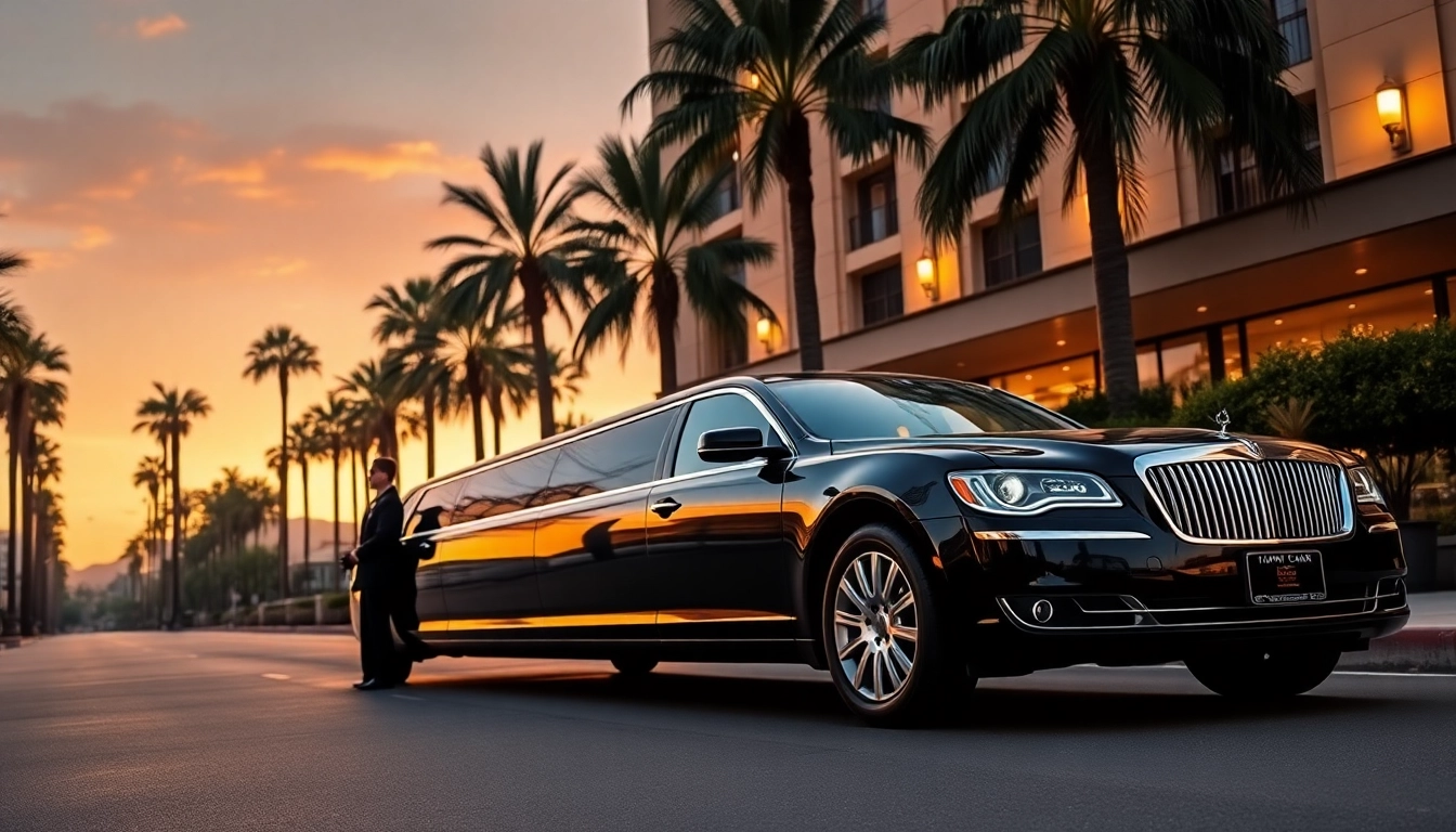 Hollywood Town Car and Limousine showcasing luxury service with a chauffeur and sunset backdrop.