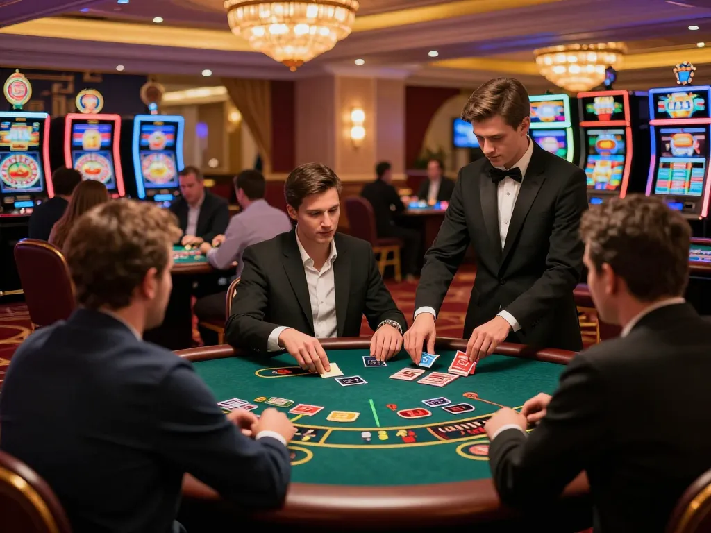 Pemain SBOBET88 terlibat dalam strategi blackjack yang intens di meja kasino yang penuh warna