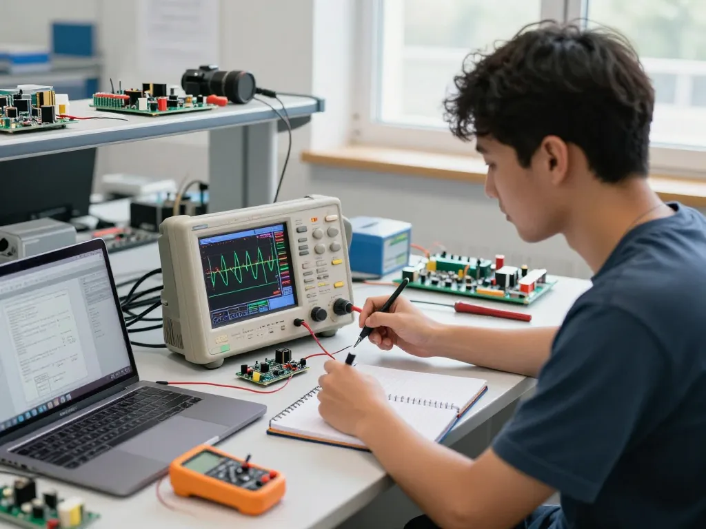 Engineer using a handheld oscilloscope for beginners in a bright lab, analyzing waveforms.