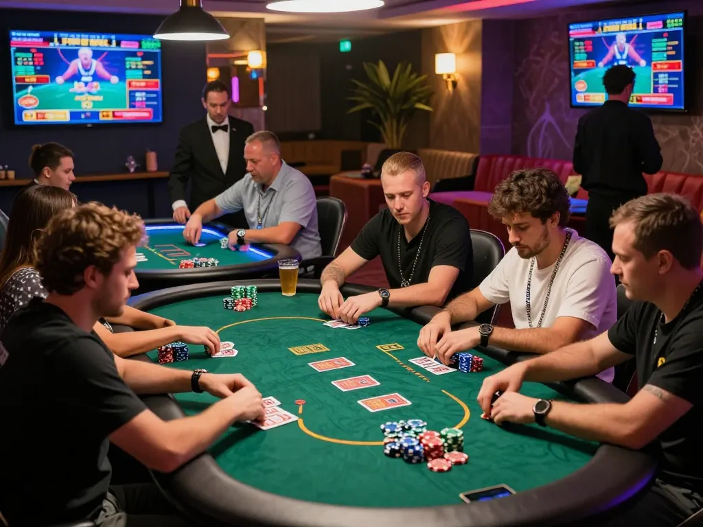 Vibrant bomwin online casino gaming scene with focused players at the table.