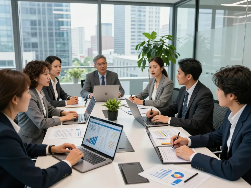 Collaborative team strategizing on commercial project funding in a modern office.