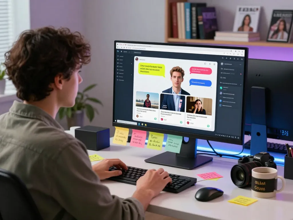 Engaging porn ai chat interaction in a modern workspace with vibrant chat visuals.