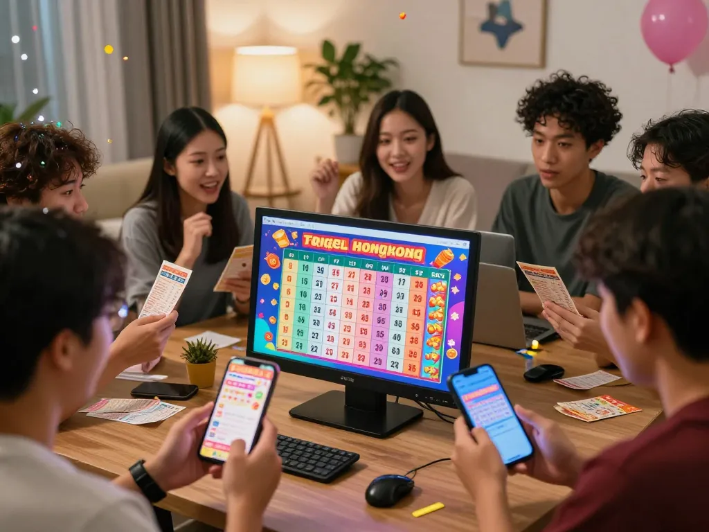 Pemain Togel Hongkong merayakan hasil lotere digital dalam suasana ruang tamu yang modern.