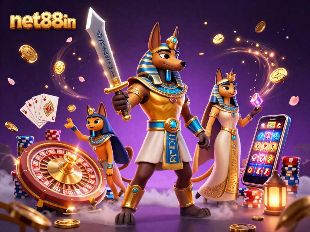 Experience thrilling gameplay at net88in with Anubis and Bastet amidst vibrant casino elements.