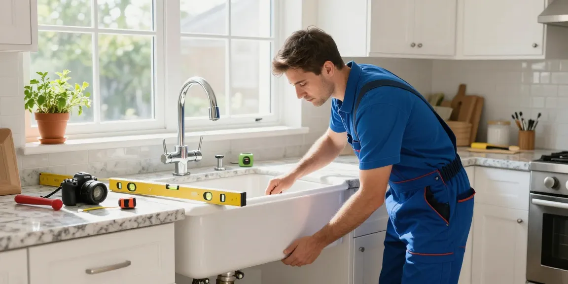 Plumbers in Singapore performing a kitchen sink installation with tools and bright cabinetry in a modern setting.