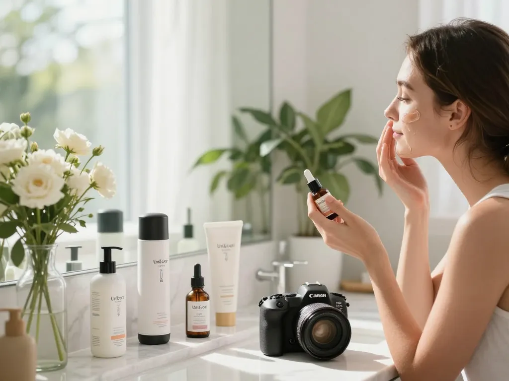 Youthful woman enjoying Uni&Core Skincare routine in a bright bathroom with elegant decor.