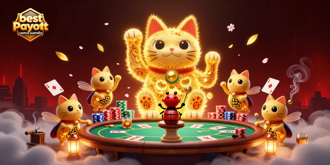 Experience the excitement at the best payout casinos Australia with a vibrant 3D illustration featuring a lucky cat and poker elements.