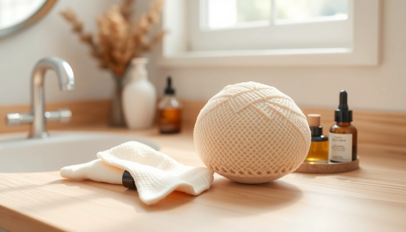 Using a makeup remover loofah on a wooden vanity among natural skincare products.