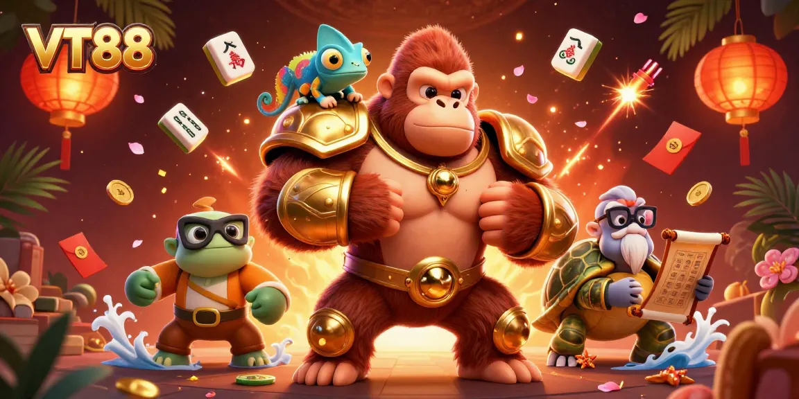 VT88 showcases a vibrant 3D illustration of a heroic gorilla king and colorful characters in an exciting casino scene.