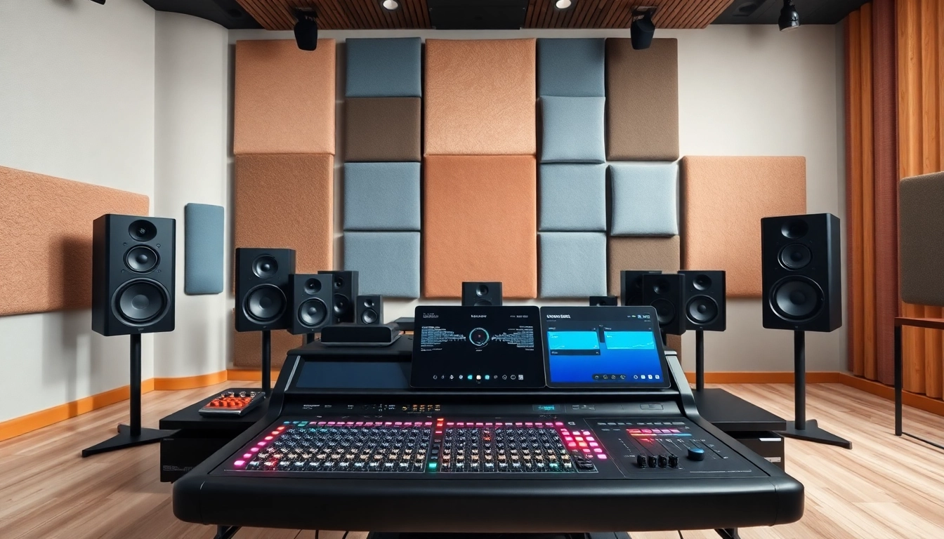Showcase of online mastering services with a modern audio workstation and vibrant colors.