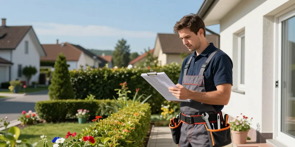 House maintenance expert in Solothurn focusing on hauswartung solothurn service with tools in a neat suburban garden.