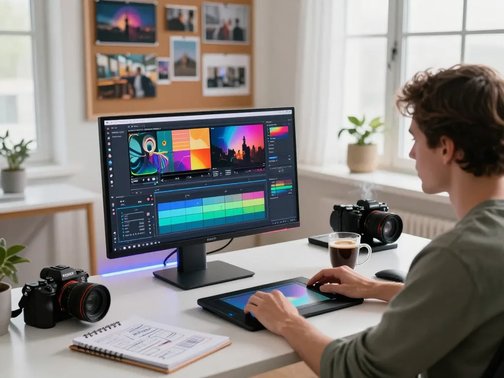 A creative professional using Kling motion AI in a modern video editing workspace with vibrant visuals on screen.