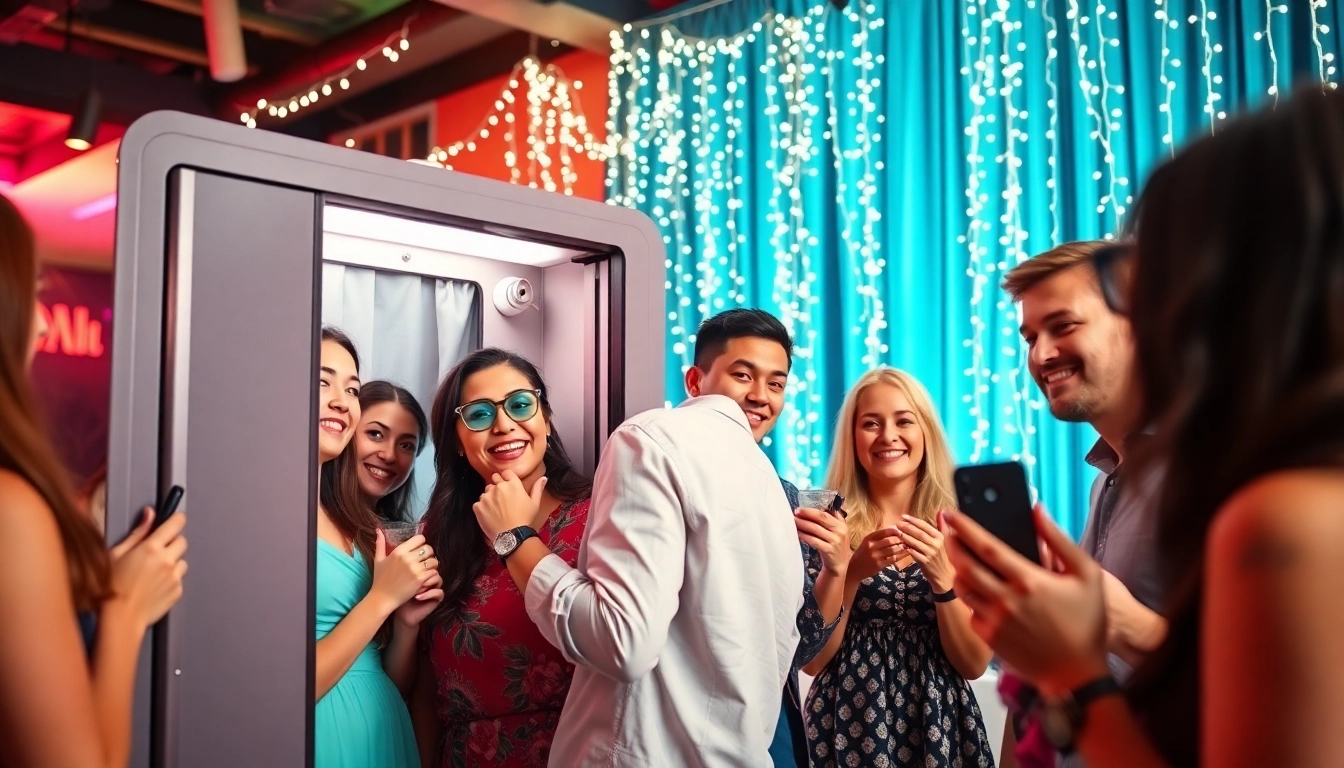 Guests enjoying a photo booth rental at a festive event, capturing fun memories together.