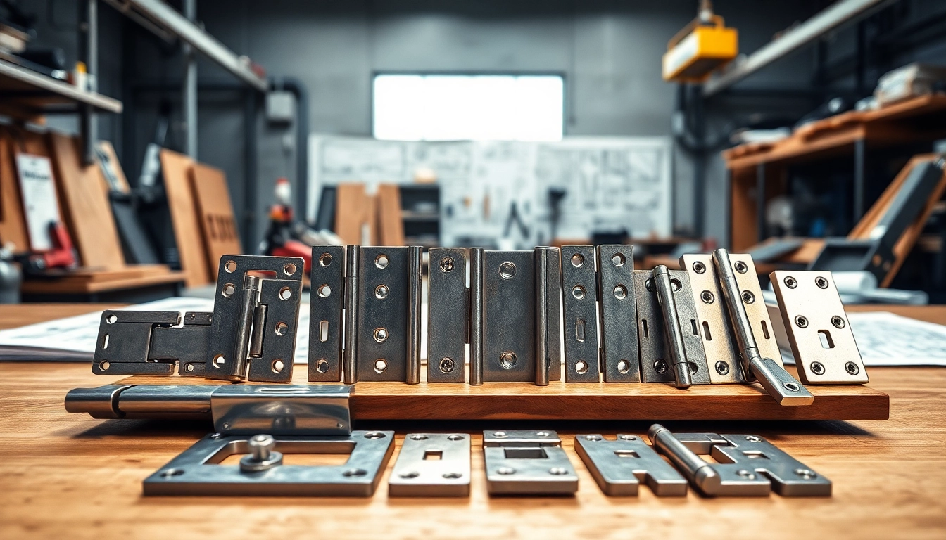 Hinge Supplier showcasing high-quality metal hinges on a workbench with tools.