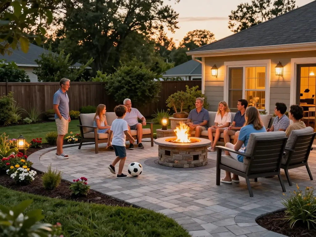 Family enjoying a backyard with brick pavers near me, showcasing a cozy patio and fire pit.