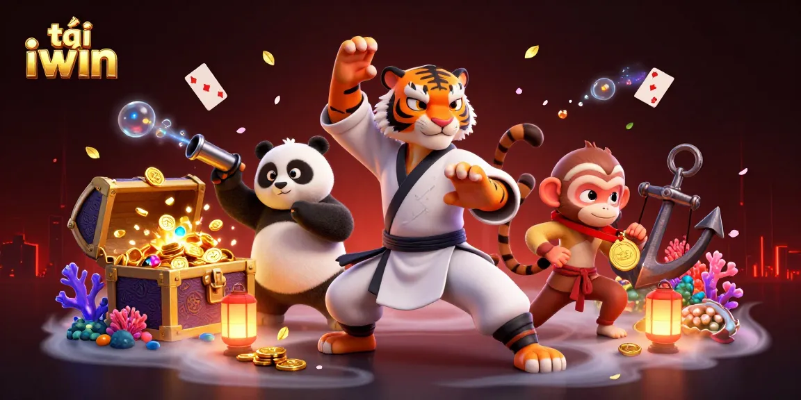 Engage with the vibrant action of tải iwin as the kung fu tiger, panda, and monkey come alive in a dynamic casino scene.