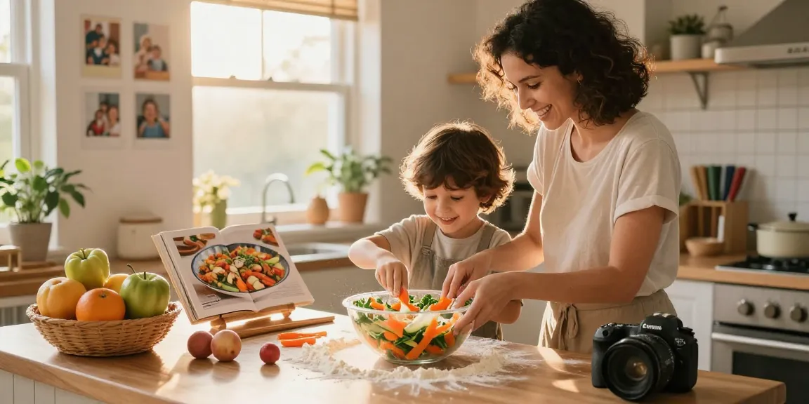 Family cooking together at thestorybookstomach.com, creating memories with colorful ingredients and warm kitchen lighting.