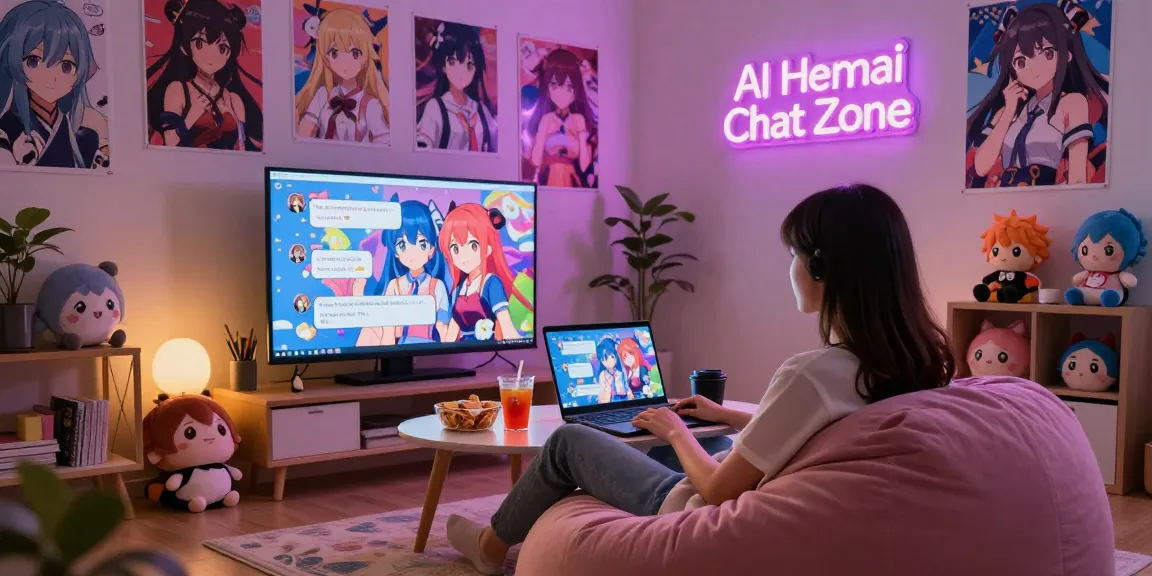 Engaging hentai ai chat experience in a cozy anime-themed room with vibrant character interactions and ambient lighting.