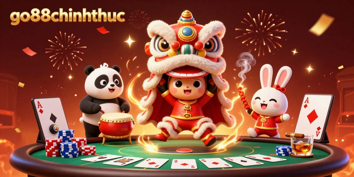 Engage in the vibrant go88chinhthuc scene with festive characters and poker elements in a lively casino.