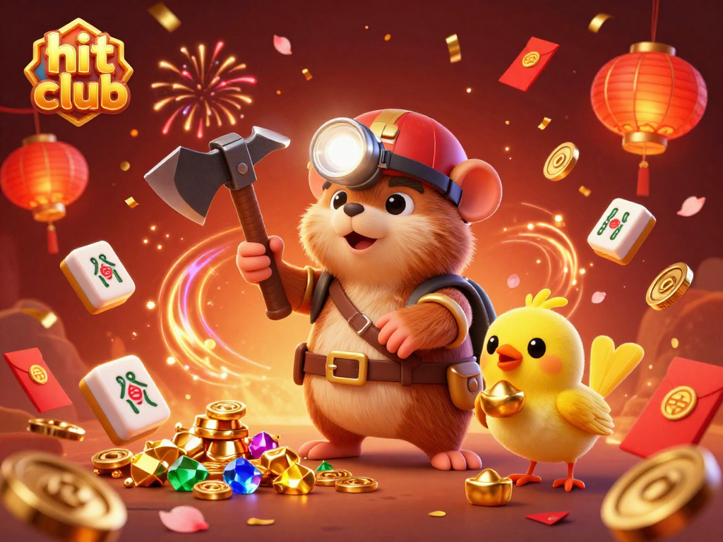 Join the hit club in this vibrant casino scene with treasure hunter mole, glowing gems, and festive decorations.