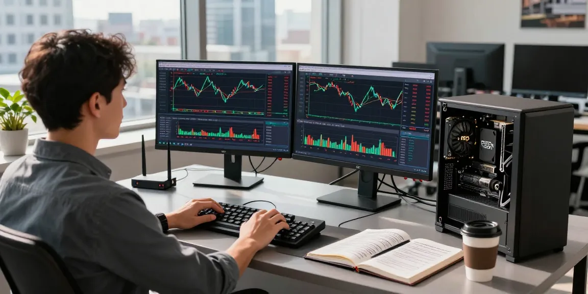 NinjaTrader VPS in action on multiple monitors at a modern trading desk, showcasing real-time market analysis.
