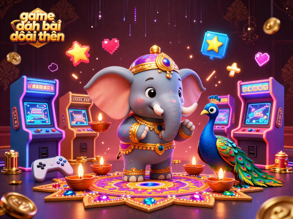 Engage in game đánh bài đổi thưởng with a vibrant 3D casino scene including a decorated elephant and gaming elements.