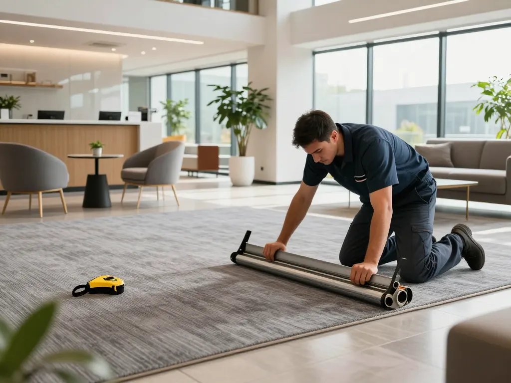 Professional installer working on commercial carpet installation in a stylish office lobby.