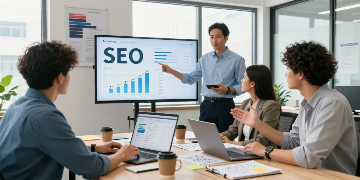SEO experts at work analyzing data and strategies for https://landings.md in a vibrant office.