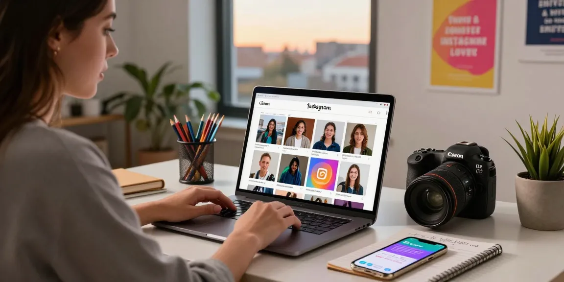 Content creator using https://spector.net/ in a digital workspace, saving Instagram media with a modern laptop setup.