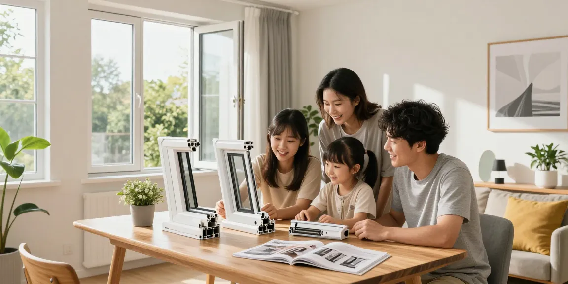 Family choosing Steko plastic windows in a bright living room, showcasing 1K quality profiles and joyful selection process.