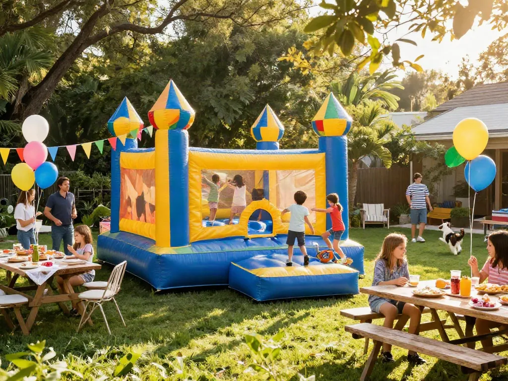 Children enjoying an inflatable bounce house at a vibrant backyard party.