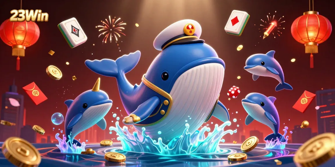 Playful dolphins stack poker chips in a 23Win casino-themed ocean with vibrant colors and dynamic details.