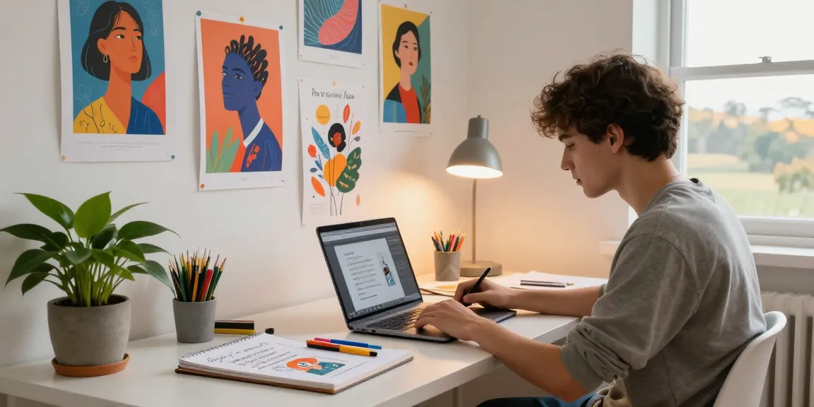 Student at dejny.eu designing in a cozy digital workspace with art supplies.