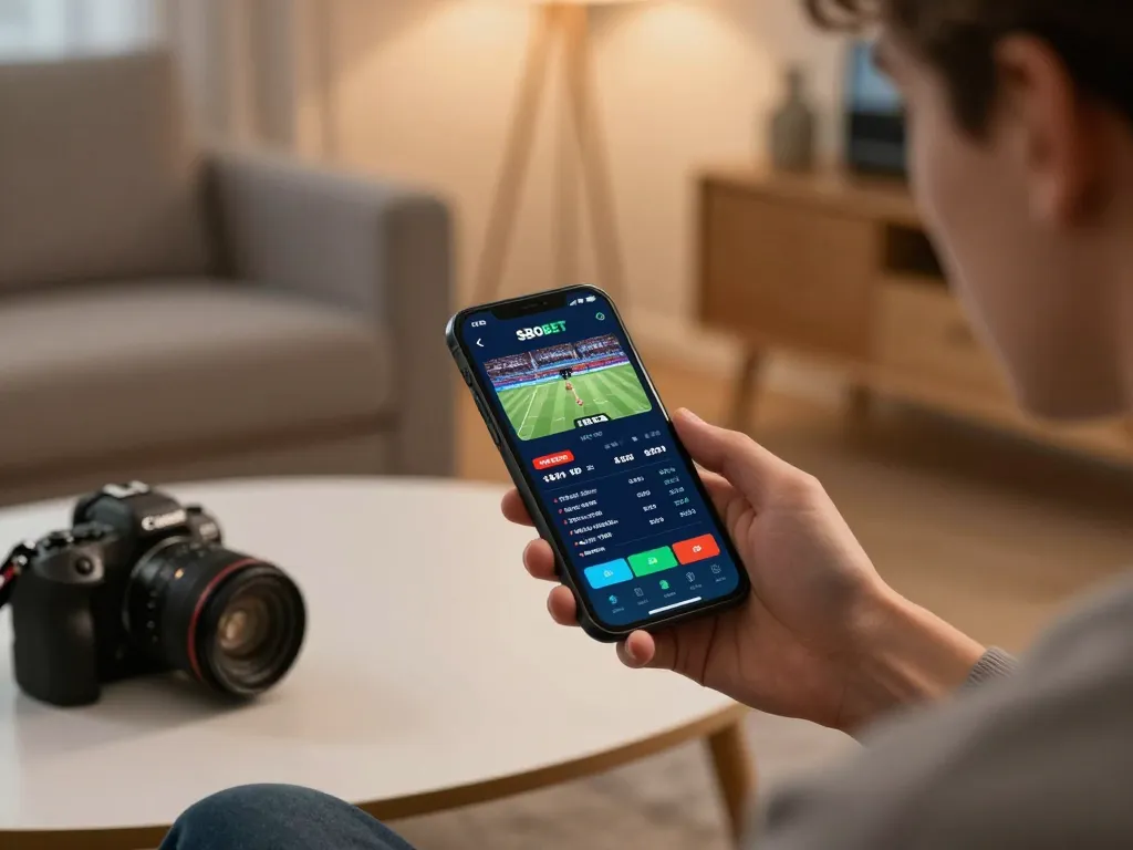 Pengguna aplikasi SBOBET melakukan taruhan langsung di smartphone, menyoroti strategi taruhan olahraga di rumah.