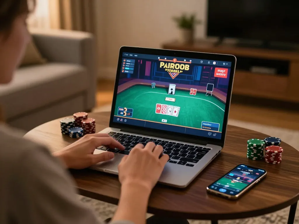 Person engaging in online poker at home gaming setup, showcasing man club gaming strategy and excitement
