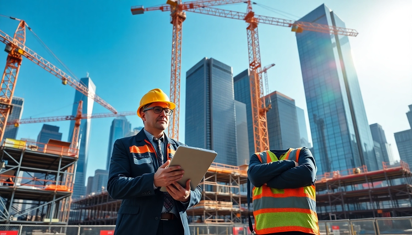 Manhattan Construction Manager supervising a dynamic construction site with Manhattan skyline in background.