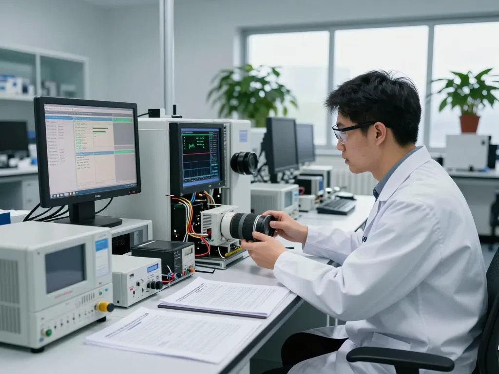 Expert engineer conducting EMC compliance testing, showcasing global market access standards in a modern lab.