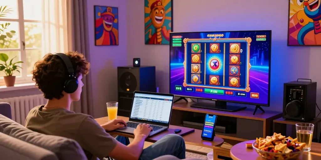 Exciting gaming atmosphere with player enjoying situs gacor slot games on a large TV in a modern living room.