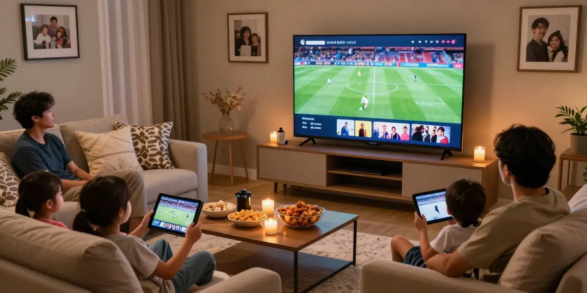 Family enjoying iptv nederland - iptv abonnement together in a cozy living room with snacks and entertainment.