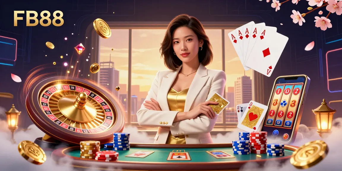 Win big with FB88's luxurious casino games featuring golden coins, poker chips, and vibrant slot reels.