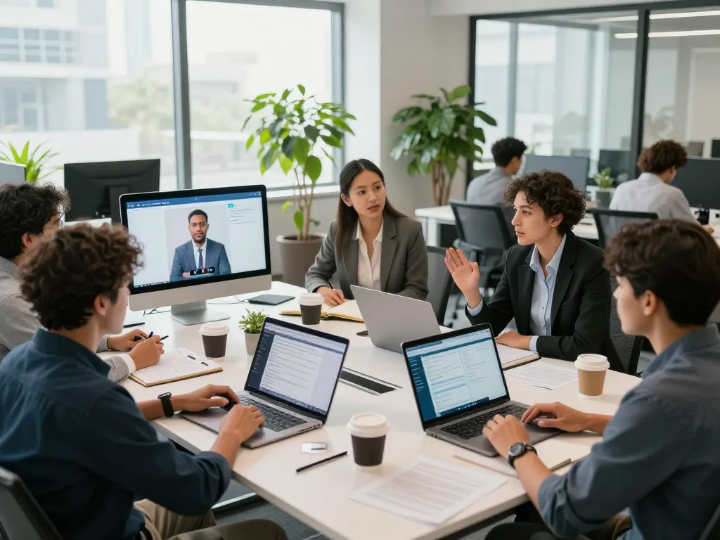 HR team utilizing AI voice interview software in a modern office setting, showcasing collaborative analytics.