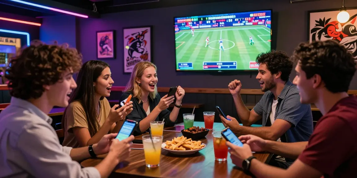 Exciting betting scene at maahadevboook.com, featuring enthusiastic bettors celebrating live sports action in a vibrant sports bar.