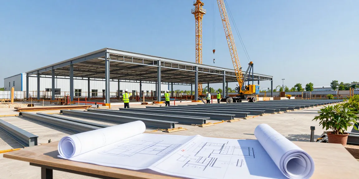 dpconsteel.in construction site with skilled workers assembling pre-engineered buildings.