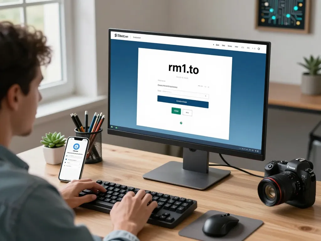 User engaging with the rm1.to login interface on a sleek desktop setup in a modern workspace.