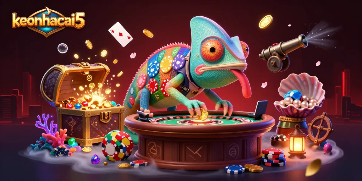 keonhacai5 showcases an enormous chameleon casino owner grabbing golden coins amidst dynamic gaming elements