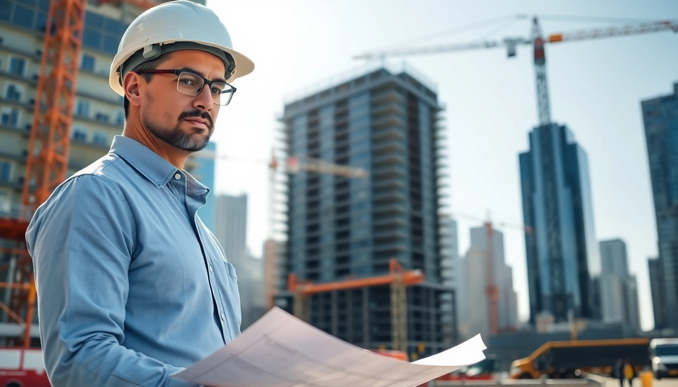 Manhattan Construction Manager supervising a bustling construction site with blueprints.